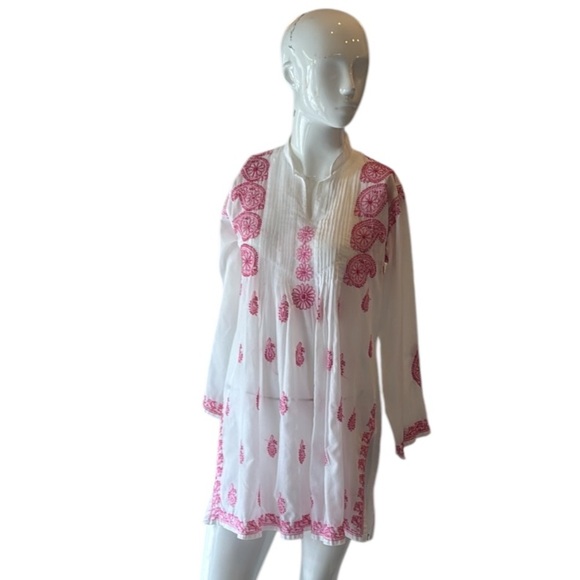Indika White Sheer Cotton Tunic with Pink Paisley & Floral Embroidery Size Small - Picture 11 of 12